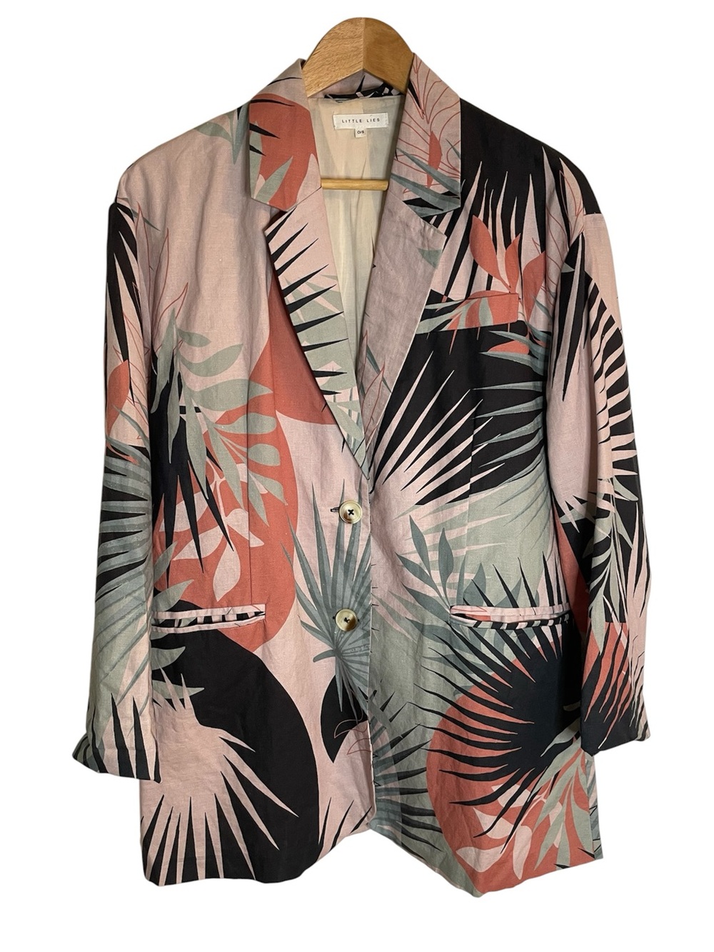 Little Lies Light Pink Black Tropical Print Linen Blazer One Size Vintage